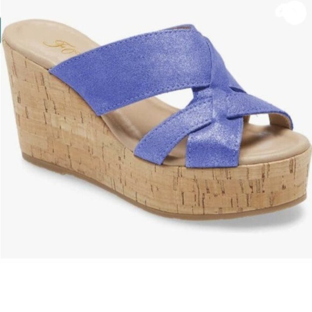 FOWT Women’s Cork Wedge  Cross Strappy High Platform Open Toe Slippers Blue